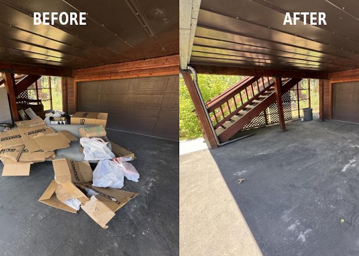 Before and after: cardboard and packaging debris removed from a carport