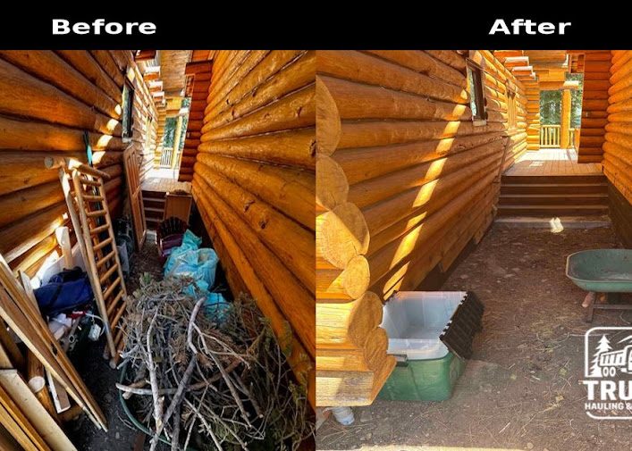 Before and after: yard waste and clutter cleared from the side of a log home