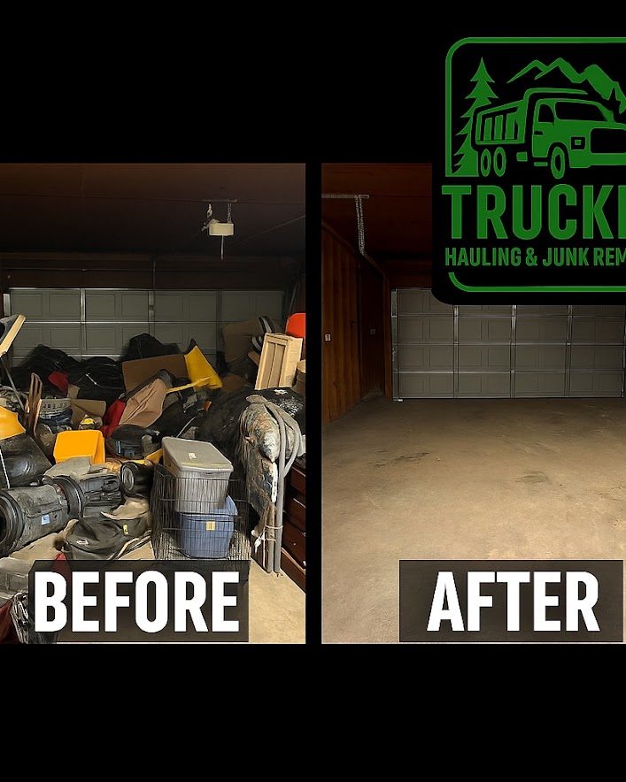 Before and after: packed garage emptied to bare floor